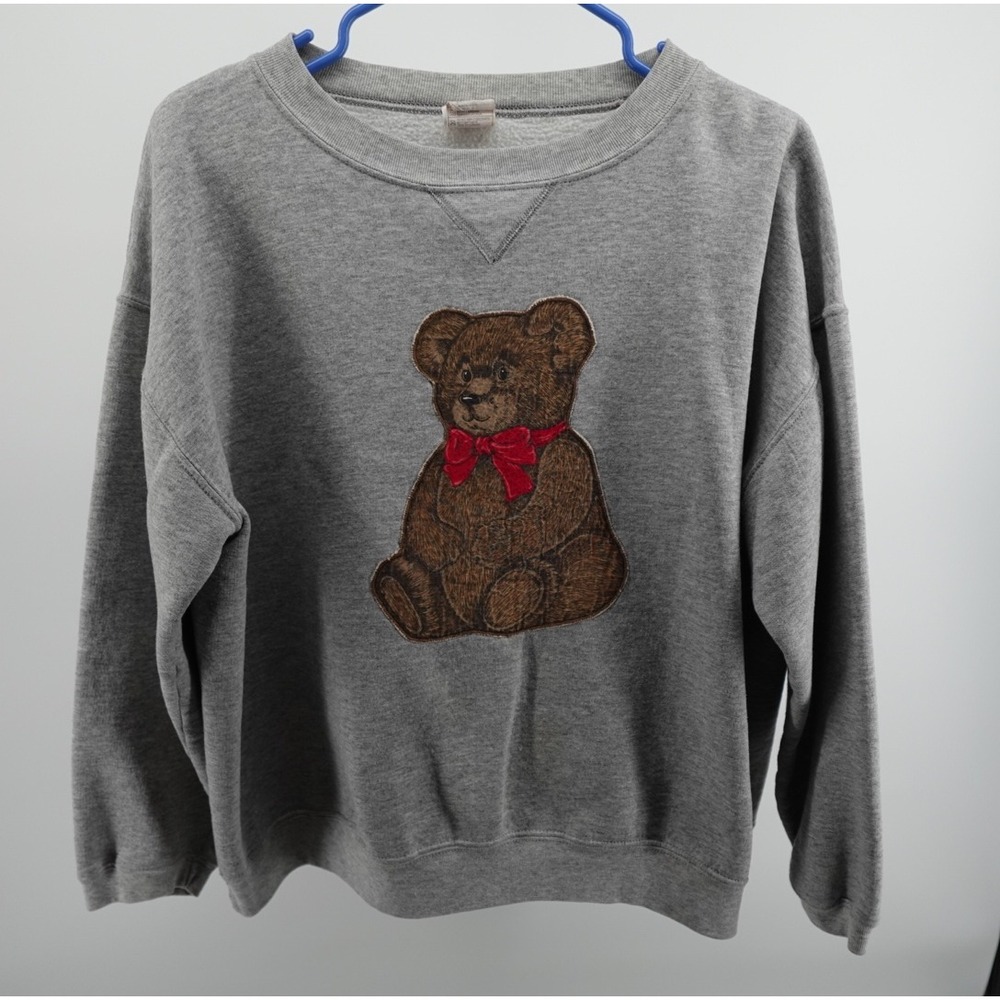 Hanes Her Way Teddy Bear Sweatshirt Gray‎ Crewneck Double Sided Graphic Vintage